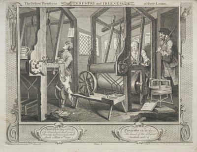 Przemysł i bezczynność: koledzy czeladnicy w swoich krosnach autorstwa William Hogarth