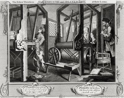 Przemysł i bezczynność, Koledzy „Prentices at Looms”, płyta 1 autorstwa William Hogarth