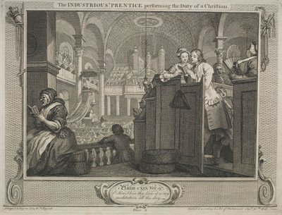 Przemysł i bezczynność: pracowity czeladnik wykonujący obowiązki chrześcijanina, 1747. autorstwa William Hogarth