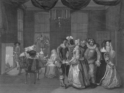 Widok wnętrza Somerset House z postaciami przebranymi na maskaradę, 1805 autorstwa William Hogarth
