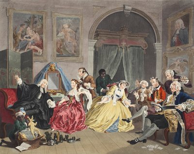 Marriage a la Mode, Plate IV, The Toilette, ilustracja z „Hogarth Restored: The Whole Works of the sławnego Williama Hogartha, ponownie grawerowane przez Thomasa Cooka”, wyd. 1812 (grawerowanie ręcznie kolorowane) autorstwa William Hogarth