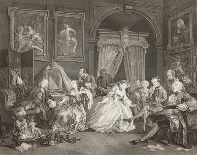Małżeństwo à la Mode / małżeństwo według mody. Arkusz 4: Toaleta / Dźwignia hrabiny. 1745 (patrz również numer zdjęcia 2221) autorstwa William Hogarth