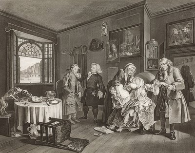 Małżeństwo a la Mode / Małżeństwo po modzie. Plansza 6: Śmierć damy / Der Selbstmord der Gräfin. 1745 autorstwa William Hogarth