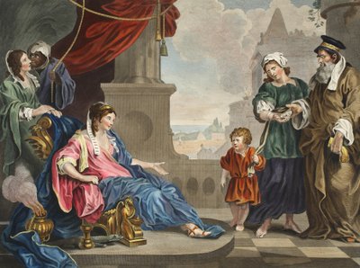 Mojżesz przyniósł córce faraona ilustrację z „Hogarth Restored: The Całe Dzieła sławnego Williama Hogartha, ponownie grawerowane przez Thomasa Cooka”, wyd. 1812 (grawerowanie ręcznie kolorowane) autorstwa William Hogarth