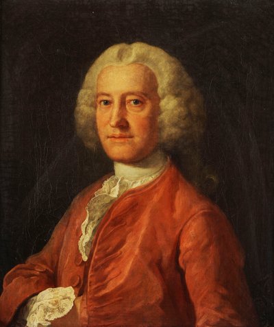 Portret Samuela Martina, do biustu, w różowym płaszczu, białym pończosze i białej koszuli z koronkowymi brzegami, z prawą ręką wsuniętą w marynarkę, ok. 1763 r. autorstwa William Hogarth