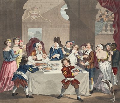 Sancho na uczcie Zagłodzony przez swojego lekarza, ilustracja z „Hogarth Restored: The Whole Works of the sławnego Williama Hogartha, ponownie grawerowane przez Thomasa Cooka”, wyd. 1812 (grawerowanie ręcznie kolorowane) autorstwa William Hogarth