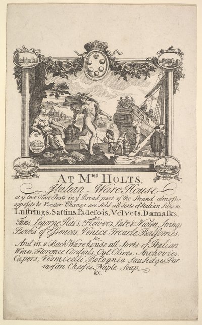 Karta sklepowa dla pani Holts Italian Warehouse, 1720-72. autorstwa William Hogarth