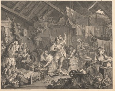 Spacerujące aktorki ubierające się w stodole autorstwa William Hogarth