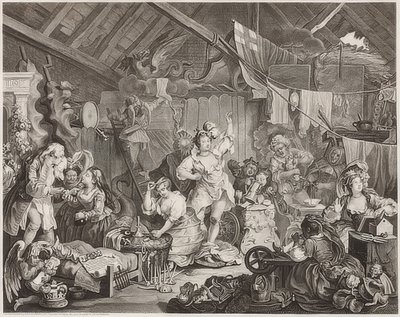 Spacerujące aktorki ubierają się w stodole. 1738 autorstwa William Hogarth