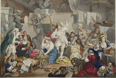 Spacerujące aktorki ubierające się w stodole, ilustracja z „Hogarth Restored: The Whole Works of the sławnego Williama Hogartha, ponownie grawerowane przez Thomasa Cooka”, wyd. 1812 (grawerowanie ręcznie kolorowane) autorstwa William Hogarth