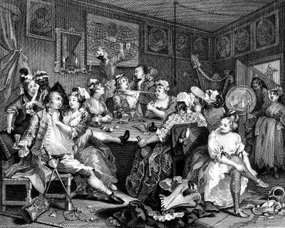 Scena z tawerny z „Postępu grabieży”, 1735 autorstwa William Hogarth