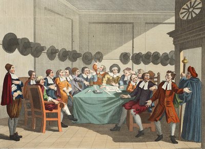 Komitet, z „Hudibras” Samuela Butlera (1612-80), ilustracja z „Hogarth Restored: The Whole Works of the sławnego Williama Hogartha, regrawerowane przez Thomasa Cooka”, wyd. 1812 (ręcznie barwione autorstwa William Hogarth