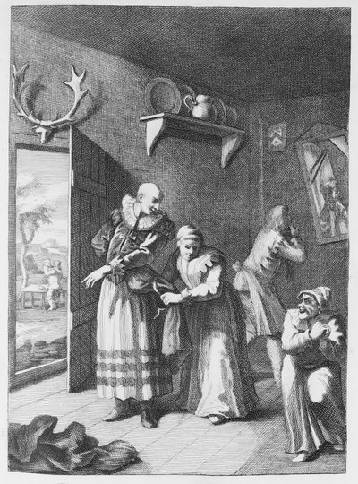 Curate & Barber przebrali się, by przekazać Don Luixote do domu autorstwa William Hogarth