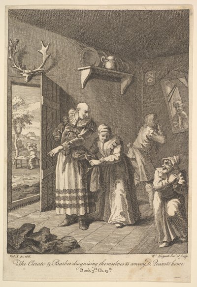 Wikariusz i fryzjer przebierają się, by przekazać Don Kichota Dom Szósty I..., 1756 lub później. autorstwa William Hogarth
