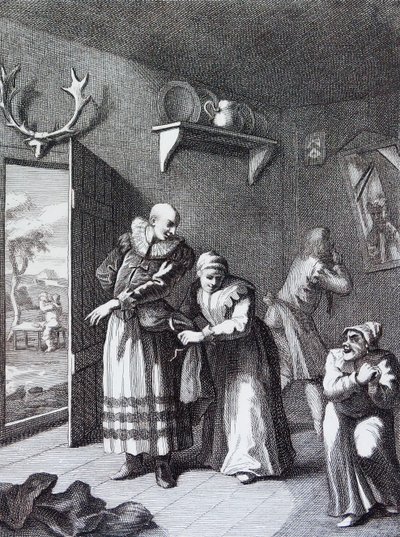 Wikariusz i fryzjer przebierają się, aby przenieść Don Kichota do domu. przez Williama Hogartha autorstwa William Hogarth