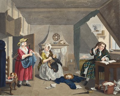 The Distressed Poet, ilustracja z „Hogarth Restored: The Whole Works of the sławnego Williama Hogartha, ponownie grawerowane przez Thomasa Cooka”, wyd. 1812 (grawerowanie ręcznie kolorowane) autorstwa William Hogarth