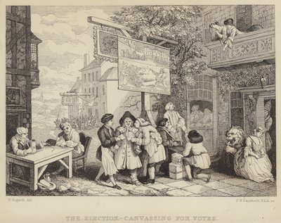 Wybory - Akwizycja o głosy: satyra na wybory parlamentarne 1755, jedna z serii czterech zatytułowanych Humory wyborcze autorstwa William Hogarth