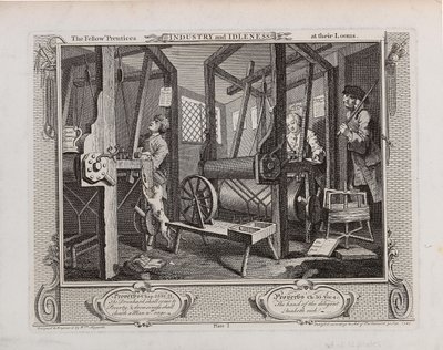Koledzy praktykanci w swoich krosnach. Przemysł serii i bezczynność, 1747. autorstwa William Hogarth