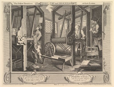 The Fellow Prentces at Looms: Industry and Idleness, płyta 1, 30 września 1747. autorstwa William Hogarth