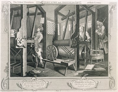 Fellow „Prentices at their Looms”, tablica I „Przemysł i bezczynność”, opublikowana w 1833 r. (rycina) autorstwa William Hogarth
