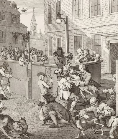 Pierwszy etap okrucieństwa. Od: Cztery etapy okrucieństwa / Cztery etapy okrucieństwa. 1751 autorstwa William Hogarth
