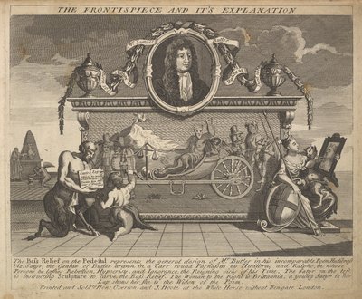Frontyspis i jego wyjaśnienie, płyta 1: Ilustracje do Samuela Butlersa Hud..., 1725-30 . autorstwa William Hogarth