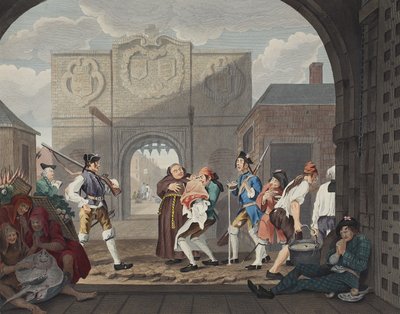 The Gate of Calais lub O The Roast Beef of Old England, ilustracja z „Hogarth Restored: The Whole Works of the sławny William Hogarth, ponownie grawerowany przez Thomasa Cooka”, wyd. 1812 (ręcznie kolorowane en autorstwa William Hogarth