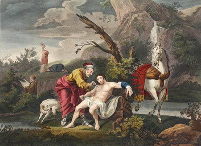 Dobry Samarytanin, ilustracja z „Hogarth Restored: Całe dzieła sławnego Williama Hogartha, ponownie grawerowane przez Thomasa Cooka”, wyd. 1812 (grawerowanie ręcznie kolorowane) autorstwa William Hogarth