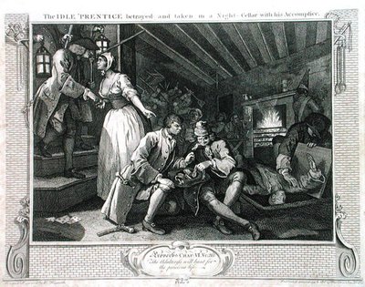 Bezczynny „Uczeń zdradzony przez prostytutkę”, tablica IX „Przemysł i bezczynność”, wydana w 1833 r. (rycina) autorstwa William Hogarth