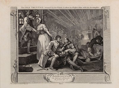 Bezczynny uczeń zdradzony przez dziwkę i zabrany do nocnej piwnicy ze swoim wspólnikiem, 1747. autorstwa William Hogarth