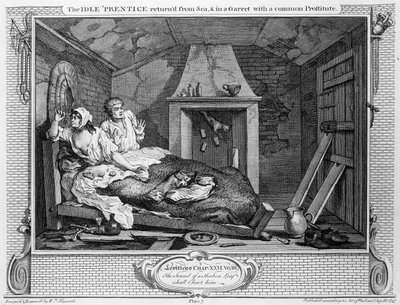 Bezczynny „Uczeń powrócił z morza i na poddaszu ze pospolitą prostytutką”, tablica VII „Przemysł i bezczynność”, 1747 autorstwa William Hogarth