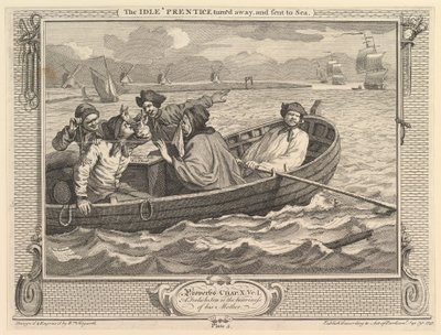 Idle Prentice odwrócił się i wysłany na morze: przemysł i bezczynność, płyta 5, 30 września 1747. autorstwa William Hogarth