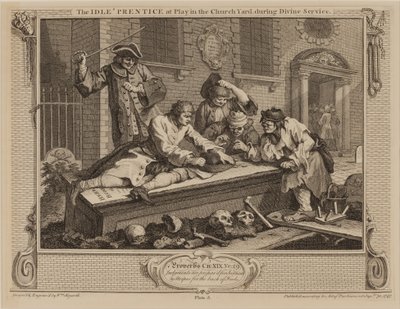 Bezczynny „uczeń w zabawie na dziedzińcu kościelnym podczas służby Bożej” autorstwa William Hogarth