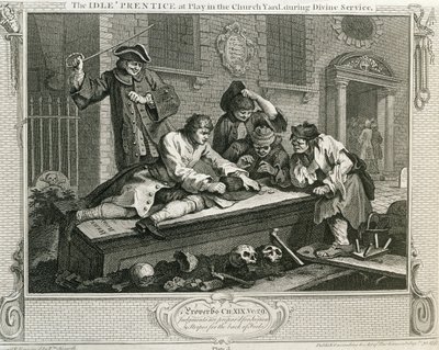 Bezczynność „Uczeń w zabawie na dziedzińcu kościelnym podczas nabożeństwa, tablica III „Przemysł i bezczynność”, opublikowana w 1833 r. autorstwa William Hogarth