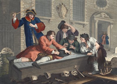 Bezczynny praktykant w zabawie na placu kościelnym podczas nabożeństwa, płyta III „Przemysł i bezczynność”, ilustracja z „Hogarth Restored: The Whole Works of the sławny William Hogarth”, ponownie eng. autorstwa William Hogarth