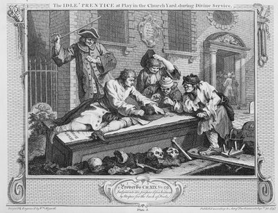 Bezczynny „Uczeń w zabawie na dziedzińcu kościelnym podczas nabożeństwa”, płyta III „Przemysł i bezczynność” autorstwa William Hogarth