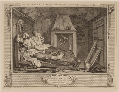 Bezczynny „powrót ucznia” z morza i na poddaszu ze zwykłą prostytutką, z serii „Przemysł i bezczynność”, październik 1747 (akwaforta i grawerowanie) autorstwa William Hogarth