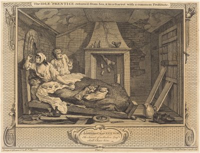 Bezczynny „powrót ucznia” z morza i na poddaszu ze zwykłą prostytutką autorstwa William Hogarth