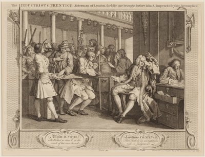 Pracowity „Prentice Alderman of London: bezczynny przyniesiony przed nim i zakwestionowany przez jego wspólnika autorstwa William Hogarth