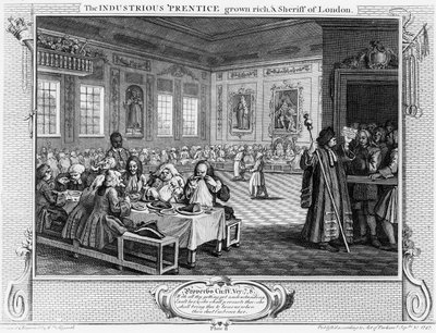 Pracowity „Prentice Grown Rich i szeryf Londynu”, płyta VIII „Przemysł i bezczynność”, 1747 autorstwa William Hogarth