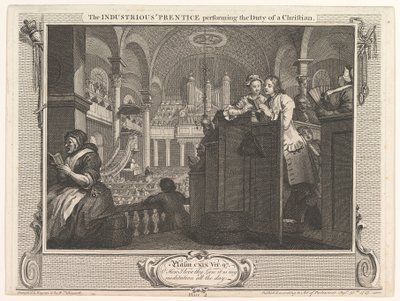 Pracowity czeladnik wykonujący obowiązki chrześcijańskiego przemysłu i ja..., 30 września 1747 r. autorstwa William Hogarth