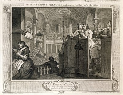 Pracowity „Prentice wykonujący obowiązki chrześcijanina”, tablica II „Przemysł i bezczynność”, wydana w 1833 r. autorstwa William Hogarth