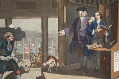 Pracowity „Prentice a Favorite i powierzony przez swego mistrza”, płyta IV „Industry and Idleness”, ilustracja z „Hogarth Restored: The Whole Works of the sławny William Hogarth”, re-engra autorstwa William Hogarth