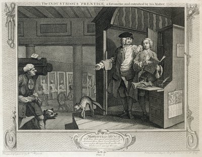 Pracowity „Uczeń ulubiony i powierzony przez swego mistrza”, tablica IV „Przemysł i bezczynność”, wydana w 1833 r. autorstwa William Hogarth