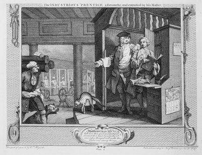 Pracowity „Uczeń ulubiony i powierzony przez swego mistrza”, płyta IV „Przemysł i bezczynność” autorstwa William Hogarth