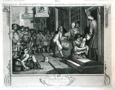 Pracowity „Uczeń poza swoim czasem i poślubiony córce swego pana”, tablica VI „Przemysł i bezczynność”, opublikowana w 1833 r. (rycina) autorstwa William Hogarth