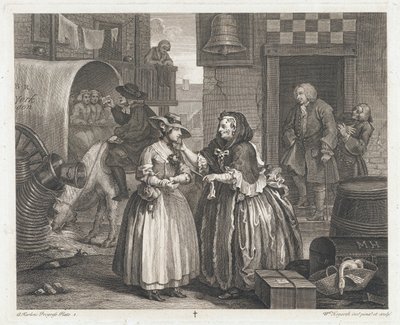 Niewinna dziewczyna zostaje nierządnicą, projekt 1732, druk 1744 (akwaforta i grawerowanie) autorstwa William Hogarth