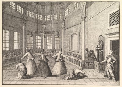 Wnętrze meczetu, derwisze tańczący Aubry de La Mottrayes podróżują przez..., 1723-24. autorstwa William Hogarth