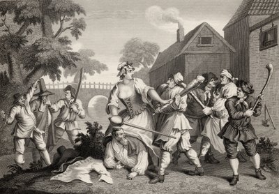 Rycerz poddaje się Trulli, z „Hudibras” Samuela Butlera (1612-80) rytowanego przez F.F. Walker, z „Dzieła Williama Hogartha”, opublikowane w 1833 r. autorstwa William Hogarth