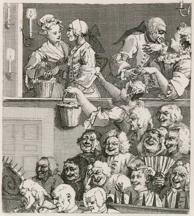 Roześmiana publiczność. Widok Hogartha na Drury Lane z pomarańczowymi dziewkami w 1733 r. autorstwa William Hogarth